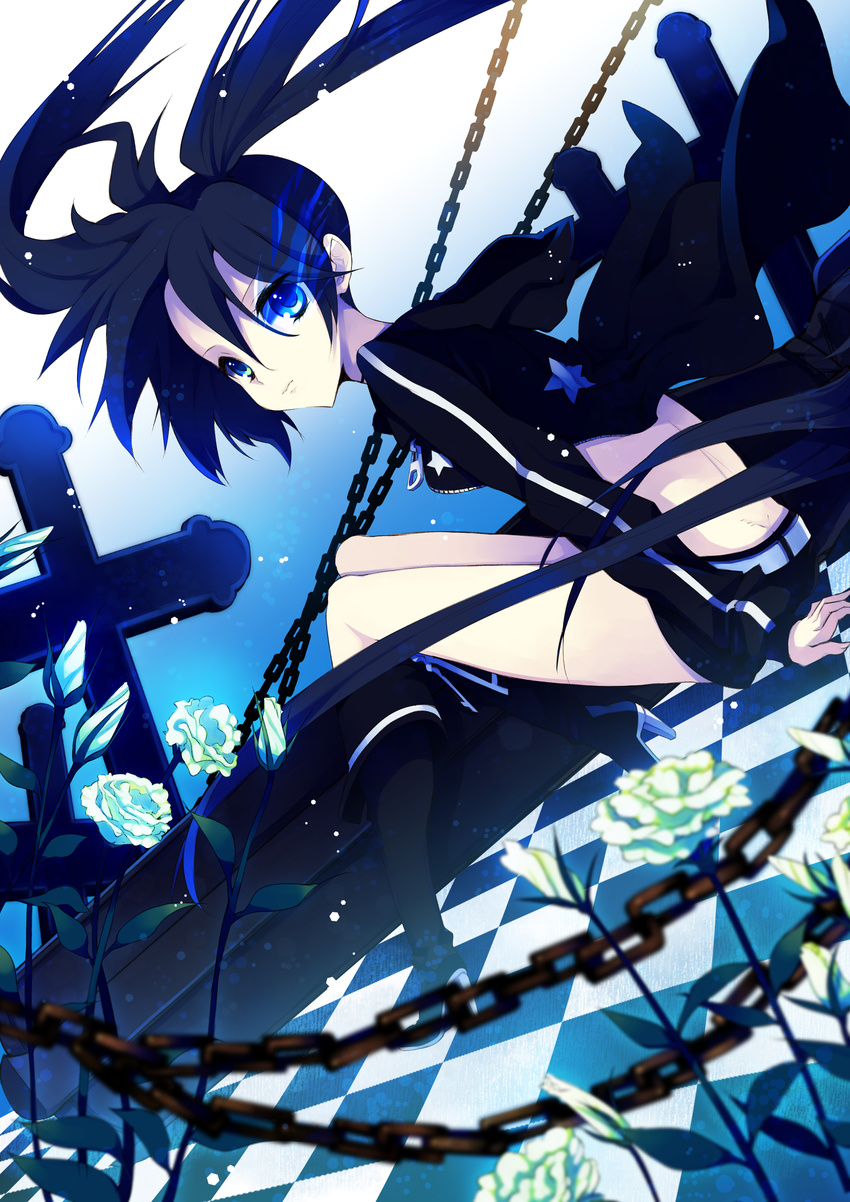absurdres bad_id bad_pixiv_id black_hair black_rock_shooter black_rock_shooter_(character) blue_eyes boots burning_eye chain coat cross flower highres long_hair looking_back pale_skin rugo shorts sitting solo twintails