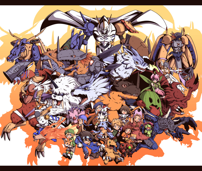 5girls agumon angemon angewomon atlurkabuterimon birdramon blonde_hair blue_eyes blue_hair brown_hair digimon digimon_adventure everyone gabumon garudamon glasses gloves goggles gomamon hat helmet highres holyangemon ikkakumon ishida_yamato izumi_koushirou kabuterimon kido_jou letterboxed lillymon metalgarurumon metalgreymon monster multiple_boys multiple_girls omegamon palmon patamon piyomon satsuki_mei_(sakuramochi) short_hair shorts smile tachikawa_mimi tailmon takaishi_takeru takenouchi_sora tentomon togemon wargreymon weregarurumon yagami_hikari yagami_taichi zudomon