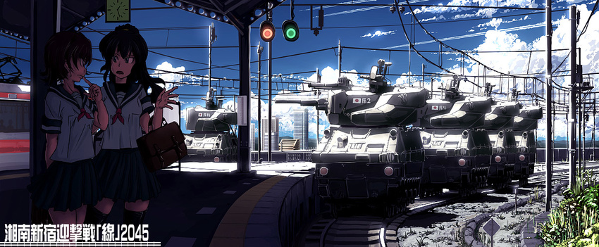 caterpillar_tracks cityscape clock cloud condensation_trail crossover day grass ground_vehicle japanese_flag military military_vehicle motor_vehicle multiple_girls original overhead_line parody power_lines railroad_signal railroad_tracks school_uniform serafuku shade shimazu_tekkou sky style_parody sunlight tank train train_station