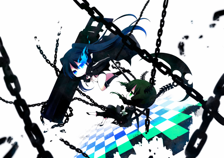 absurdres aplerichi arm_cannon bikini_top black_hair black_rock_shooter black_rock_shooter_(character) blue_eyes boots chain chibi dead_master eye_contact green_eyes highres horns long_hair looking_at_another multiple_girls scythe twintails weapon