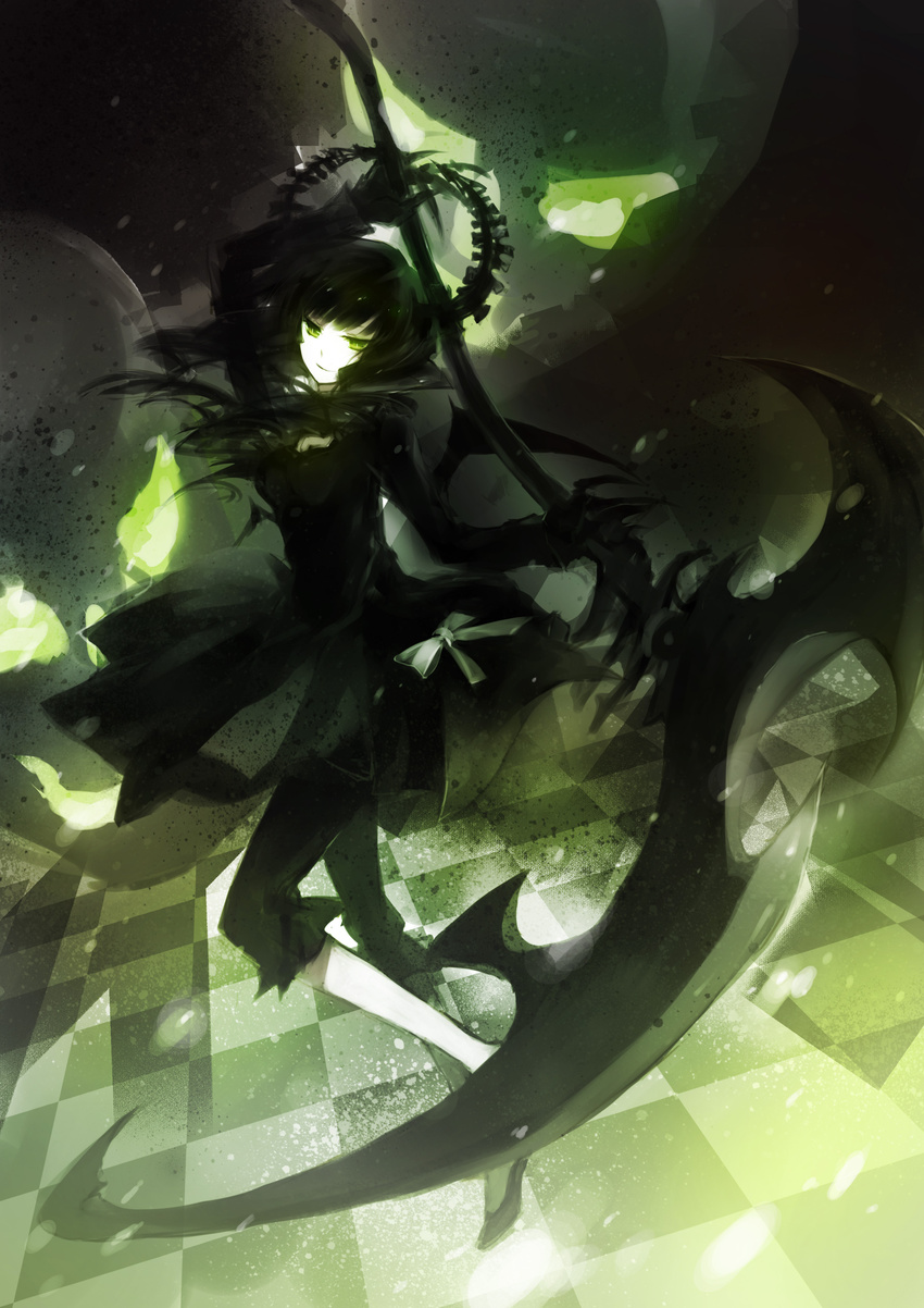 absurdres bad_id bad_pixiv_id black_dress black_hair black_rock_shooter dead_master dress green_eyes highres horns i-riya long_hair scythe smile solo wings