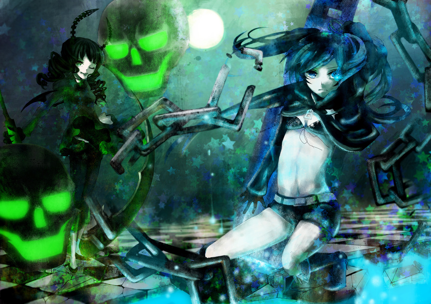 :p absurdres bad_id bad_pixiv_id belt bikini_top black_hair black_rock_shooter black_rock_shooter_(character) blue_eyes boots chain dead_master frown glowing glowing_eyes green_eyes highres horns kneeling long_hair midriff multiple_girls navel pale_skin rinko_(jaunebrillant) scythe shorts skull smile tongue tongue_out twintails very_long_hair weapon