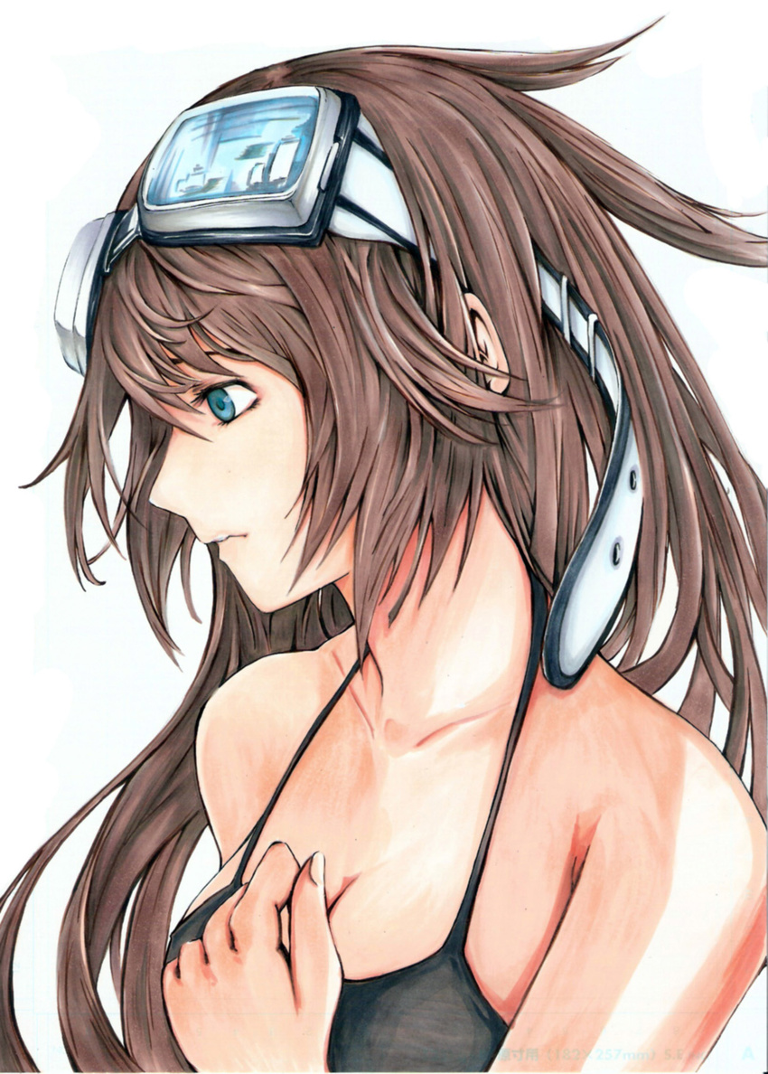 bad_id bad_pixiv_id bare_shoulders blue_eyes breasts brown_hair cleavage collarbone devildogs goggles goggles_on_head hand_on_own_chest highres long_hair medium_breasts original profile simple_background solo traditional_media