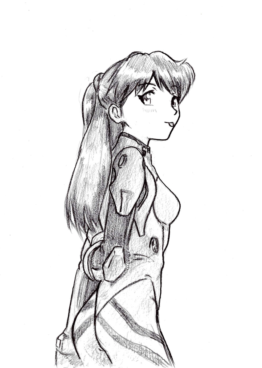absurdres artist_request bodysuit breasts from_side highres long_hair looking_at_viewer neon_genesis_evangelion simple_background small_breasts solo souryuu_asuka_langley standing white_background