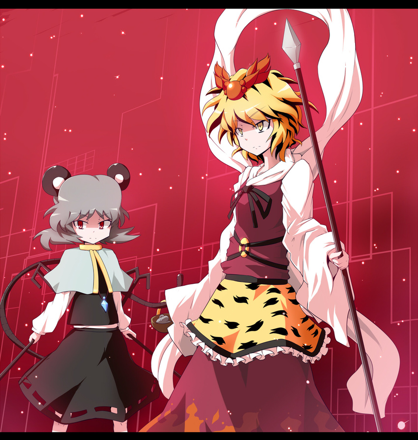 aho animal_ears animal_print bishamonten's_spear blonde_hair grey_hair highres mouse_ears mouse_tail multiple_girls nazrin polearm red_eyes spear tail tiger_print toramaru_shou touhou weapon yellow_eyes