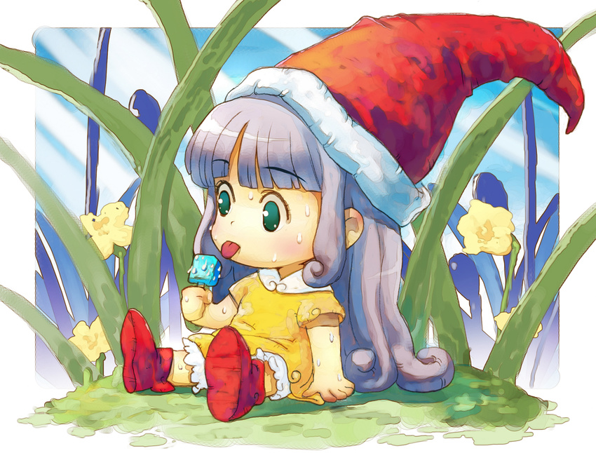 :p flower food green_eyes hat hirokiku long_hair memoru minigirl popsicle purple_hair silver_hair sitting solo sweat tongari_boushi_no_memoru tongue tongue_out