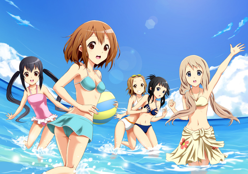 akiyama_mio ball beachball bikini black_eyes black_hair blonde_hair blue_eyes brown_eyes brown_hair highres hirasawa_yui k-on! kotobuki_tsumugi long_hair multiple_girls nakano_azusa rakuhei short_hair splashing swimsuit tainaka_ritsu twintails wading water waving