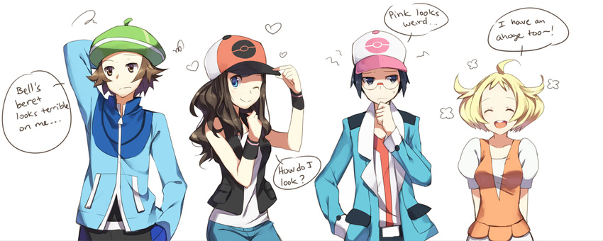 2girls ahoge baseball_cap bel_(pokemon) beret blonde_hair blue_eyes blue_hair brown_eyes brown_hair cheren_(pokemon) closed_eyes commentary english glasses hair_down hat headwear_switch heart multiple_boys multiple_girls no_hat no_headwear one_eye_closed open_mouth pokemon pokemon_(game) pokemon_bw smile touko_(pokemon) touya_(pokemon) weee_(raemz)