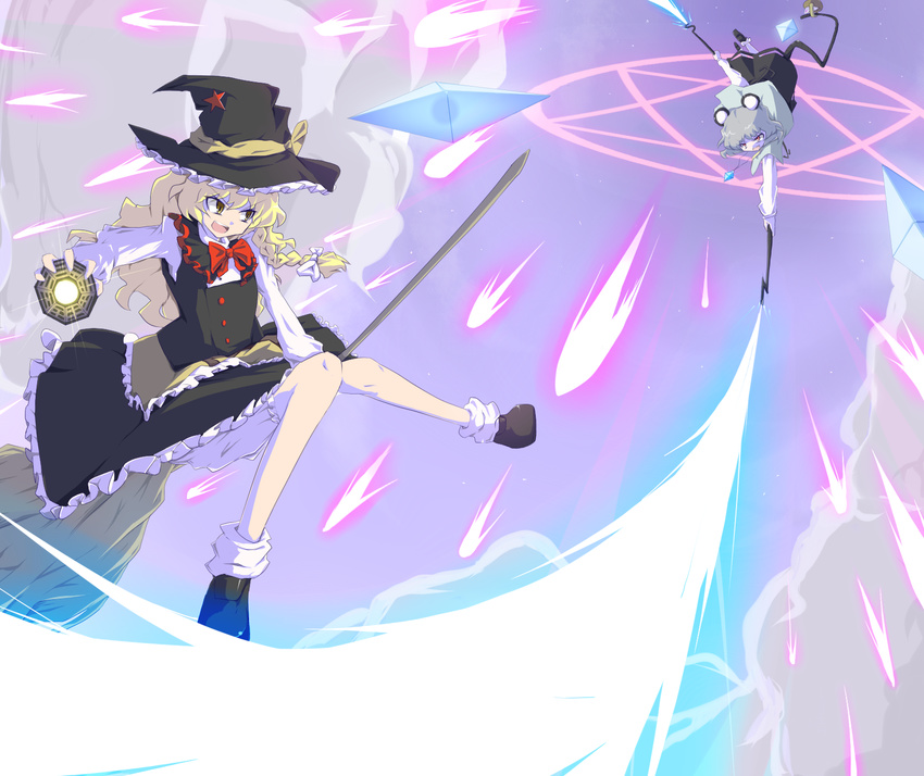 aho ba_gua battle broom danmaku duel hat highres kirisame_marisa mini-hakkero multiple_girls nazrin sky spell_card touhou trigram undefined_fantastic_object witch_hat