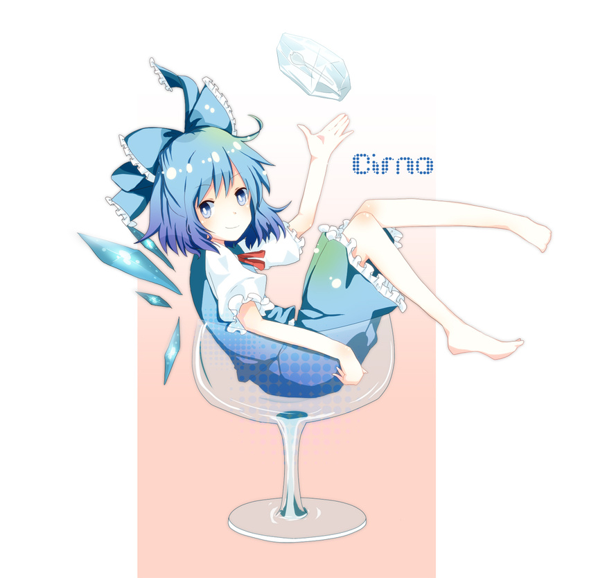 aya_mizu barefoot blue_eyes blue_hair bow character_name cirno cup cupping_glass full_body hair_bow ice short_hair simple_background sitting solo spoon touhou wings