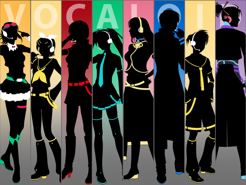 5girls artist_request boots everyone goggles goggles_on_head gumi hatsune_miku headphones highres kagamine_len kagamine_rin kaito kamui_gakupo long_hair megurine_luka meiko multiple_boys multiple_girls short_hair silhouette vocaloid wallpaper