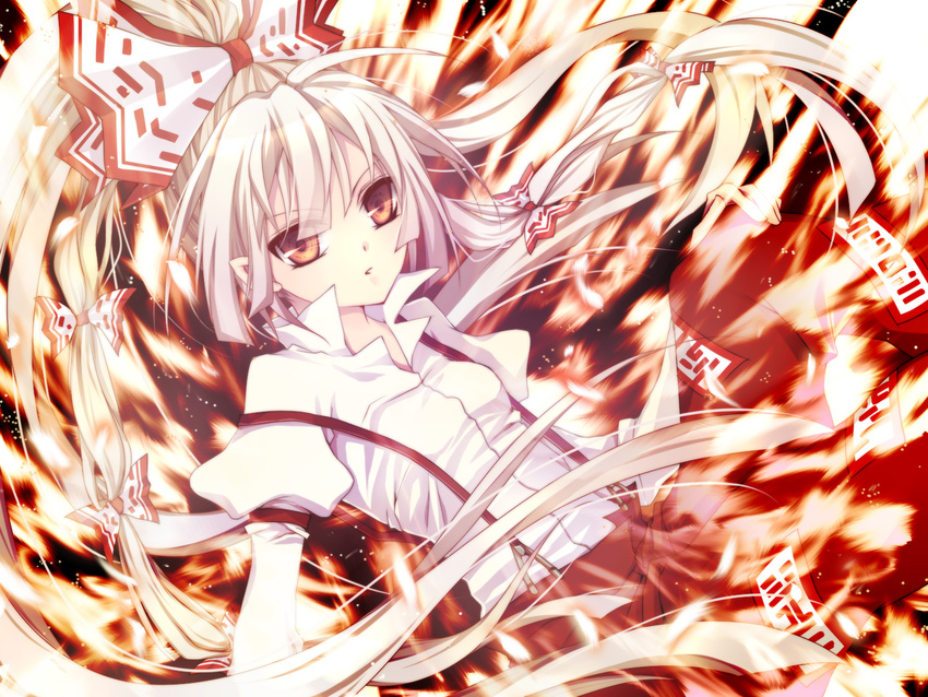 bad_id bad_pixiv_id bow fire fujiwara_no_mokou hair_ribbon long_hair mikazuki_sara pants red_eyes ribbon silver_hair solo suspenders touhou