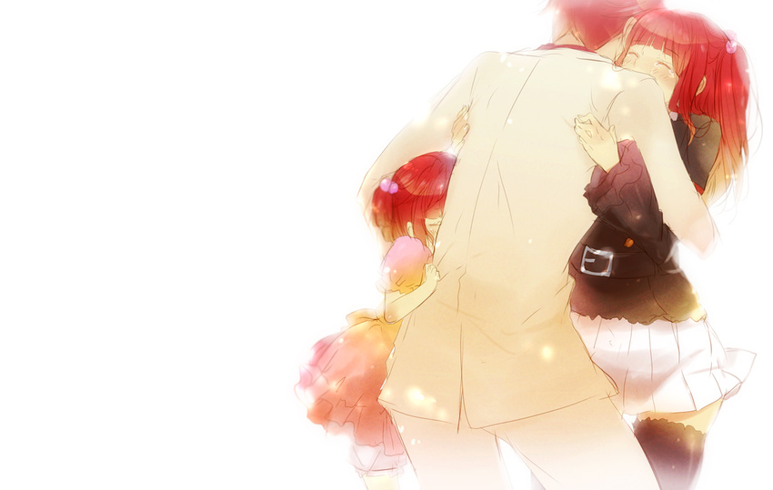 1girl armband brother_and_sister formal hair_bobbles hair_ornament hug jacket kl red_hair siblings skirt suit tears thighhighs time_paradox twintails umineko_no_naku_koro_ni ushiromiya_ange ushiromiya_battler zettai_ryouiki