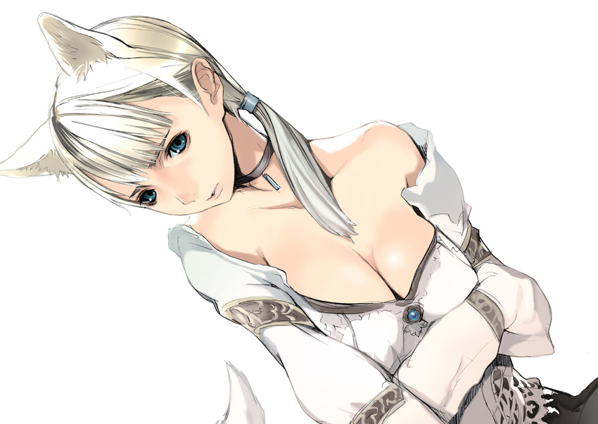animal_ears bangs bare_shoulders blonde_hair blouse blue_eyes breasts choker cleavage demento dog_ears dog_tail fiona_belli hair_tie hewie houden_eizou jewelry large_breasts long_sleeves ponytail simple_background solo tail white_background