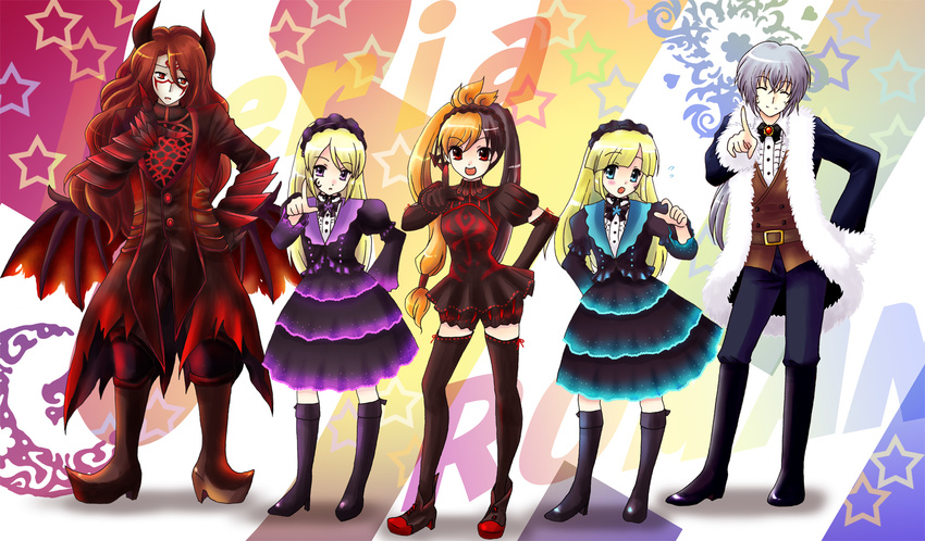 3girls blonde_hair blue_eyes blush crossover dancing demon_boy dress gothic_lolita hare_hare_yukai highres hiver_laurant horns hortense kazabuki_sei layla_(sound_horizon) lolita_fashion multiple_boys multiple_girls parody purple_eyes red_eyes red_hair roman seisen_no_iberia shaytan_(sound_horizon) siblings smile sound_horizon suzumiya_haruhi_no_yuuutsu thighhighs twins violette zettai_ryouiki