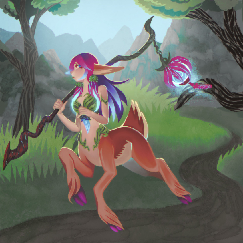 1:1 2021 bottomless cervid cervid_taur clothed clothing female fetlocks forest green_body hair hi_res holding_object lamp lantern league_of_legends lillia_(lol) mammal mammal_taur midriff outside plant purple_hair riot_games running solo tantre taur tree video_games