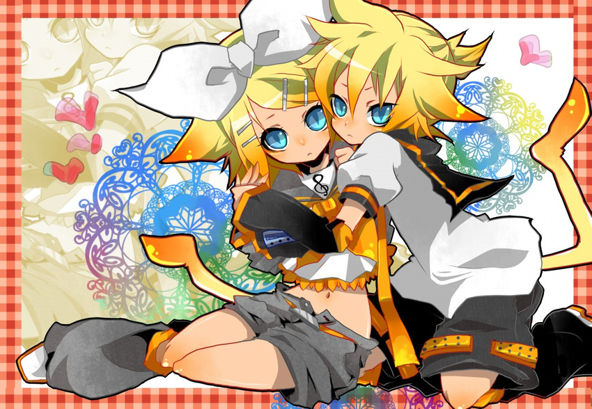 1girl blonde_hair blue_eyes brother_and_sister hair_ornament hair_ribbon hairclip hug kagamine_len kagamine_rin midriff nata necktie ribbon short_hair shorts siblings sitting tail twins vocaloid