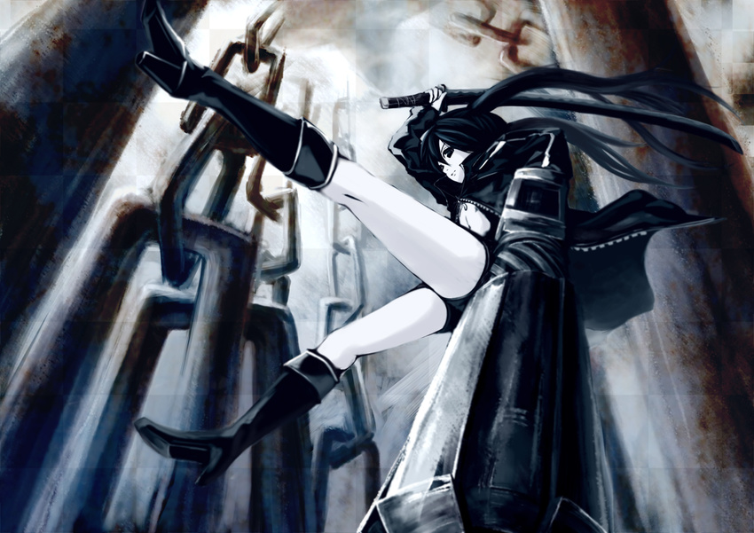 arm_cannon black_eyes black_hair black_rock_shooter black_rock_shooter_(character) boots flat_chest gun jacket katana long_hair midriff navel pale_skin shorts solo sword twintails weapon yato