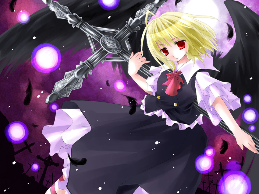 asahina black_wings blonde_hair cross ex-rumia feathers highres latin_cross necktie red_eyes rumia short_hair solo touhou wings