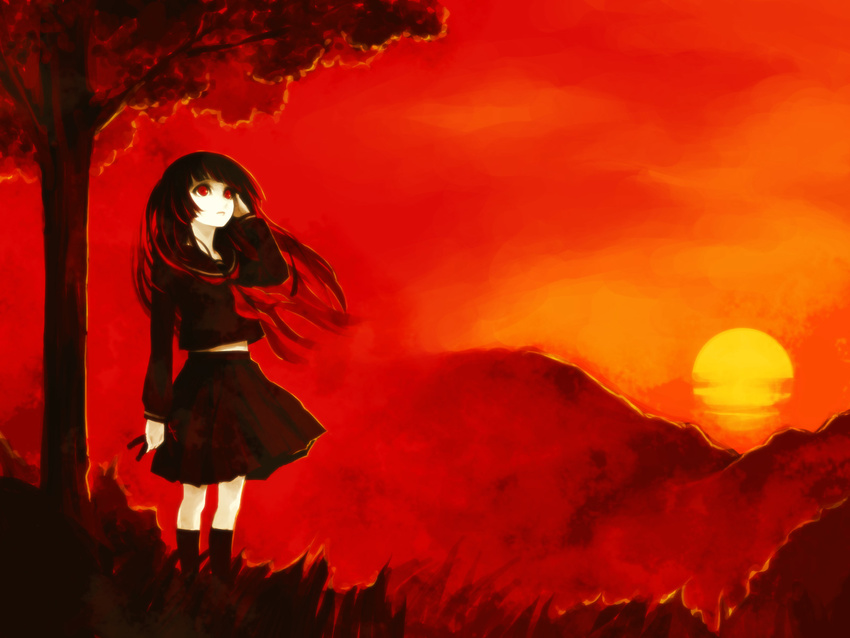 bad_id bad_pixiv_id bangs black_hair black_serafuku black_skirt blunt_bangs enma_ai highres hime_cut jigoku_shoujo kneehighs long_hair red_eyes saki_(pixiv303252) school_uniform serafuku skirt socks solo sunset tree