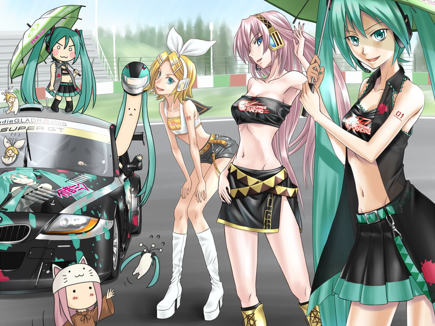 :3 adapted_costume animal_ears animal_hat aqua_eyes aqua_hair bandeau belt blue_eyes blush bmw bmw_z4 boots car cat_ears cat_hat chibi flat_chest goodsmile_company goodsmile_racing ground_vehicle hachune_miku hair_ornament hair_ribbon hairclip hat hatsune_miku headphones headset high_heels itasha kagamine_len kagamine_rin leaning_forward long_hair megurine_luka megurine_luka_(toeto) midriff motor_vehicle multiple_girls navel o_o pink_hair pylori_kin_no_uta_(vocaloid) race_queen racecar racing_miku racing_miku_(2009) ribbon shoes short_hair short_shorts shorts side_slit skinny skirt smile strapless super_gt tank_top tattoo thigh_boots thighhighs tk28 toeto_(vocaloid) tubetop twintails umbrella v-shaped_eyebrows very_long_hair vest vocaloid