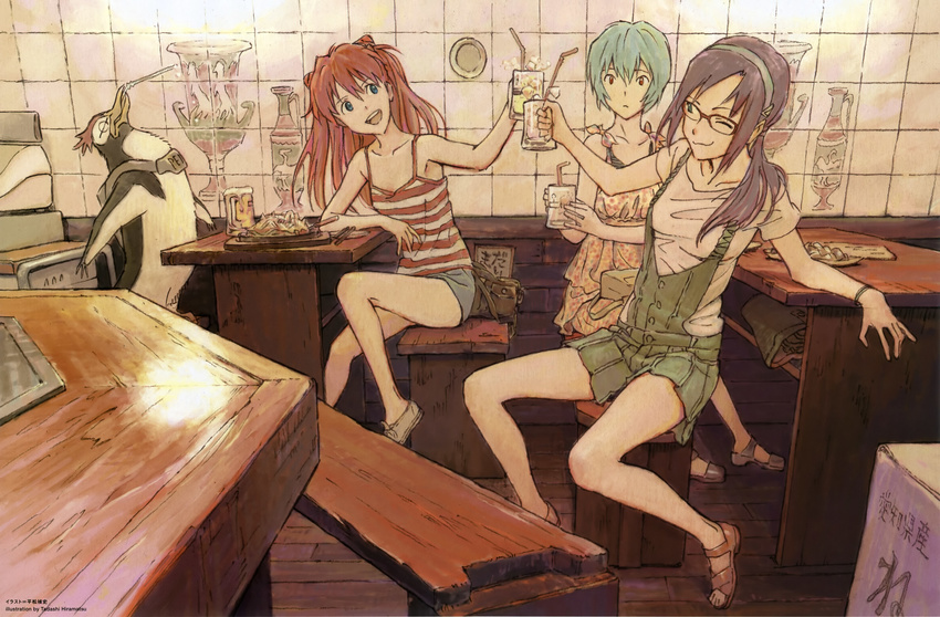 :d ;3 absurdres animal arm_rest artist_name ayanami_rei bag bangs bare_arms bare_legs bare_shoulders beer_mug bench blue_eyes blue_hair blue_shorts box bracelet breasts brown_footwear brown_hair camisole cardboard_box cash_register casual closed_mouth clothed_animal cup dress drink drinking_straw flat_chest floor food glasses hair_ornament hair_over_shoulder hairband highres hiramatsu_tadashi holding holding_cup indoors jewelry legs long_hair looking_at_another low_ponytail makinami_mari_illustrious medium_breasts mouth_hold multiple_girls neon_genesis_evangelion noodles official_art one_eye_closed open_mouth outstretched_arm outstretched_arms overall_shorts overalls painting_(object) penpen plate purple_hair rebuild_of_evangelion red-framed_eyewear red_eyes restaurant salad sandals shikinami_asuka_langley shirt shoes short_dress short_hair shorts sideways_glance sitting smile souryuu_asuka_langley spaghetti_strap striped striped_shirt t-shirt table tile_floor tile_wall tiles toast_(gesture) wall white_footwear white_shirt wooden_floor