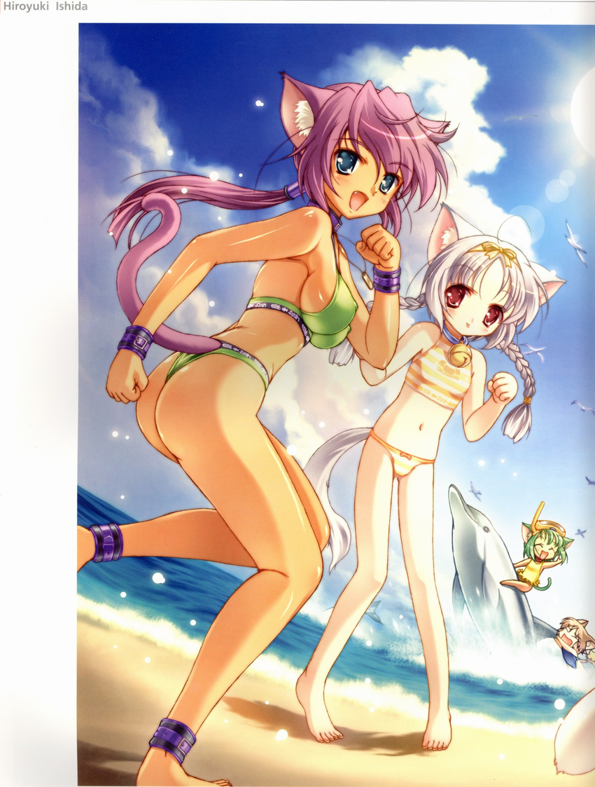 :p absurdres animal_ears ass beach bell bell_collar bikini blue_eyes braid breasts casual_one-piece_swimsuit cat_ears chibi closed_eyes cloud collar copyright_request covered_nipples day diving_mask dolphin fang green_hair highres ishida_hiroyuki jingle_bell large_breasts long_hair multiple_girls ocean one-piece_swimsuit open_mouth outdoors pink_hair ponytail purple_hair scan short_hair sideboob silver_hair sky snorkel sports_bikini striped swimsuit tail thong_bikini tongue tongue_out twin_braids water