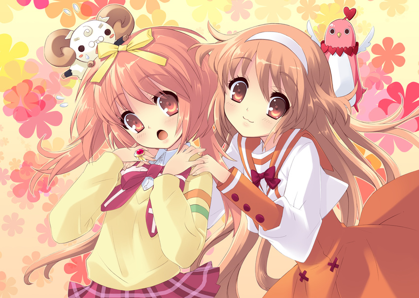 :3 :o akihime_sumomo alice_parade antennae bird blush_stickers bow bowtie brown_hair crossover emudori flat_chest flower flying glasses hair_bow hairband hands_on_shoulders heart horns itou_noiji jewelry lamb leaning_forward long_hair looking_down miori_(alice_parade) multiple_girls nanatsuiro_drops o_o object_on_head official_art open_mouth pince-nez pink_eyes pink_hair plaid plaid_skirt ring school_uniform serafuku skirt smile striped surprised sweatdrop sweater twintails very_long_hair yuki-chan