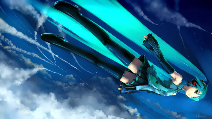 aqua_eyes aqua_hair bad_id bad_pixiv_id bare_shoulders black_legwear cloud detached_sleeves flying hatsune_miku highres legs long_hair midair necktie observerz signature skirt sky solo thighhighs twintails vocaloid wallpaper