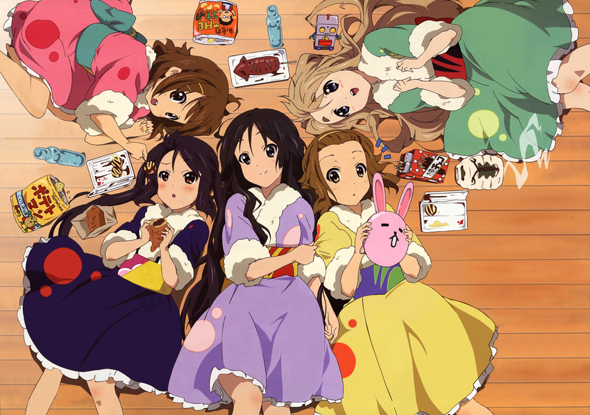 absurdres akiyama_mio black_eyes black_hair blonde_hair blue_eyes brown_eyes brown_hair chips detexted drink food fur-trimmed_kimono fur_trim hairband highres hirasawa_yui ikayaki japanese_clothes k-on! kayari_buta kimono kotobuki_tsumugi long_hair multiple_girls nakano_azusa non-web_source official_art pocky potato_chips ramune sakamoto_kazuya short_hair tainaka_ritsu taiyaki takoyaki third-party_edit twintails very_long_hair wagashi