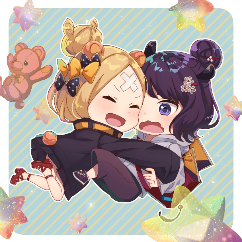 2girls :d ^_^ abigail_williams_(fate/grand_order) bangs black_bow black_jacket blonde_hair blush bow brown_pants closed_eyes commentary_request crossed_bandaids eyes_closed fate/grand_order fate_(series) grey_hoodie hair_bow hair_bun heroic_spirit_traveling_outfit high_heels highres hood hood_down hoodie jacket katsushika_hokusai_(fate/grand_order) kurono_kito long_hair long_sleeves multiple_girls open_mouth orange_bow outstretched_arms pants parted_bangs polka_dot polka_dot_bow purple_eyes red_footwear saint_quartz shoes sleeves_past_fingers sleeves_past_wrists smile stuffed_animal stuffed_toy teddy_bear