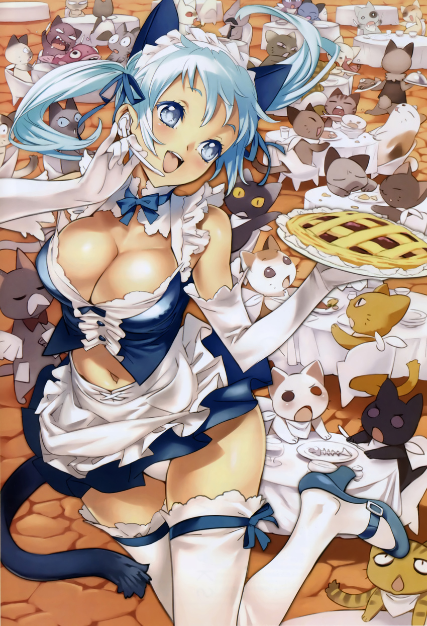 absurdres animal animal_ears apron aqua_hair blue_eyes breasts cat cat_ears cleavage elbow_gloves food frills girl's_avenue gloves headset high_heels highres large_breasts long_hair mary_janes megami navel nishieda official_art original panties pantyshot pie restaurant ribbon shoes smile solo table tail thighhighs too_many too_many_cats twintails underwear waitress white_legwear
