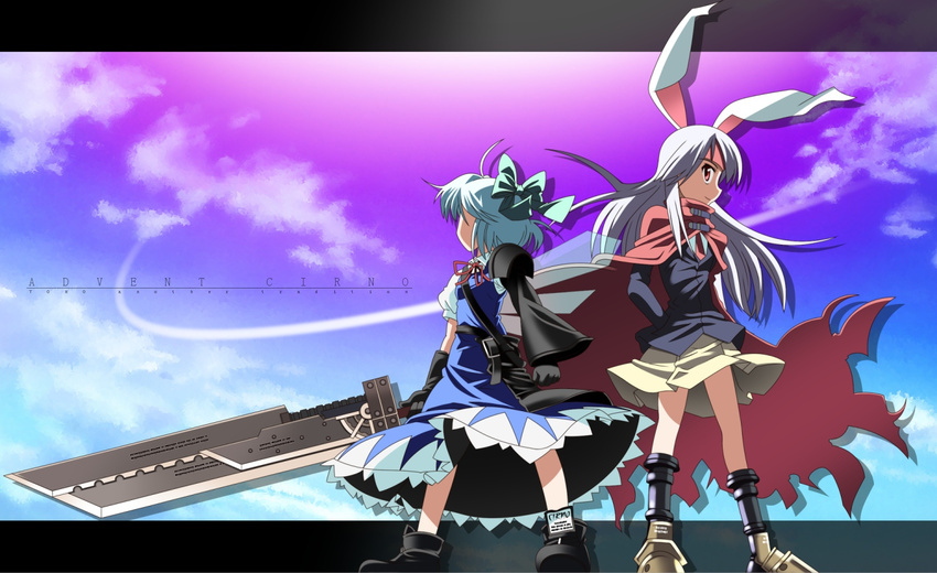 advent_cirno animal_ears bad_id bad_pixiv_id bunny_ears cirno cloud_strife cloud_strife_(cosplay) cosplay crossover final_fantasy final_fantasy_vii final_fantasy_vii_advent_children fusion_swords huge_weapon long_hair multiple_girls reisen_udongein_inaba ribbon rindou_(awoshakushi) sword touhou vincent_valentine vincent_valentine_(cosplay) weapon wings