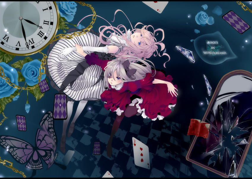 alice_in_wonderland bad_id bad_pixiv_id blue_eyes bow bug butterfly card chain dress falling_card flower hair_bow highres insect kuduq long_hair lying_card mirror multiple_girls pantyhose pink_hair pocket_watch purple_eyes rose silver_hair watch