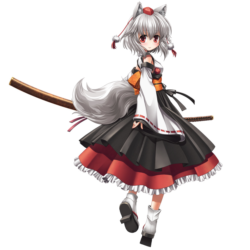 animal_ears blush detached_sleeves full_body geta hat highres inubashiri_momiji kei_kei looking_back md5_mismatch obi red_eyes sash short_hair silver_hair smile solo sword tabi tail tengu-geta tokin_hat touhou transparent_background weapon wolf_ears wolf_tail