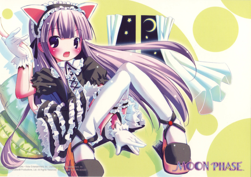 animal_ears cat_ears dress fang gothic_lolita hazuki_(tsukuyomi) highres lolita_fashion pillow pop scan solo tail thighhighs tsukuyomi_moonphase