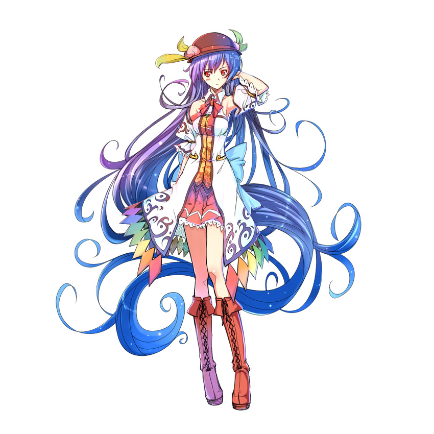 absurdly_long_hair adapted_costume alternate_costume armpits bare_shoulders blue_hair boots cross-laced_footwear detached_sleeves full_body gradient_hair hand_in_hair hat highres hinanawi_tenshi lace-up_boots legs long_hair magatama multicolored_hair red_eyes ryuuzaki_ichi skirt solo standing touhou transparent_background very_long_hair