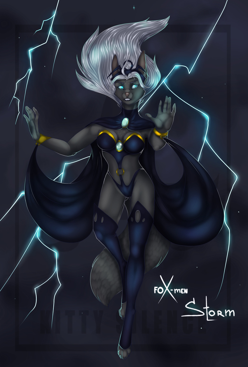 5_fingers anthro black_lips blue_eyes breasts clothed clothing female fluffy_tails hair kitty_silence lightning mammal navel solo teeth white_hair wide_hips