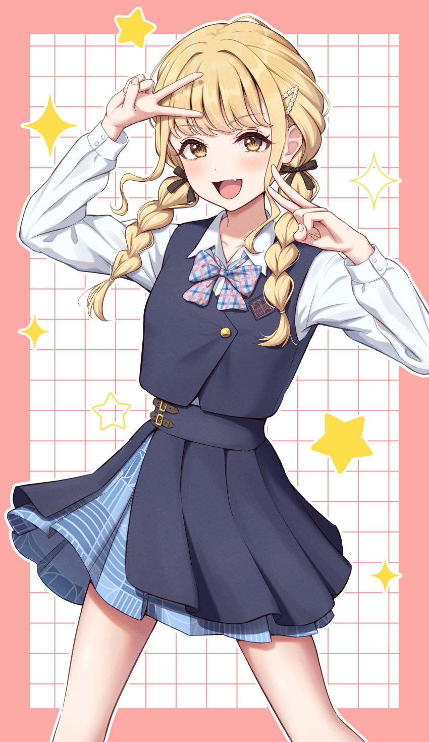 1girl absurdres black_ribbon black_skirt black_vest blonde_hair braid commentary_request fujita_kotone gakuen_idolmaster hair_ornament highres idolmaster miyuki_kotori open_mouth ribbon school_uniform shirt simple_background skirt solo twin_braids v vest white_shirt yellow_eyes