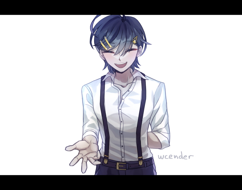 1boy ^_^ ahoge arm_behind_back artist_name belt black_pants blue_hair buttons closed_eyes collared_shirt danganronpa:_despair_time david_chiem facing_viewer false_smile grin hair_between_eyes hair_ornament hairclip open_collar open_hand outstretched_hand pants parallel_hairclips partially_unbuttoned reaching reaching_towards_viewer shirt simple_background sleeves_rolled_up smile solo star_(symbol) star_hair_ornament suspenders triangle_hair_ornament wcender white_background white_shirt