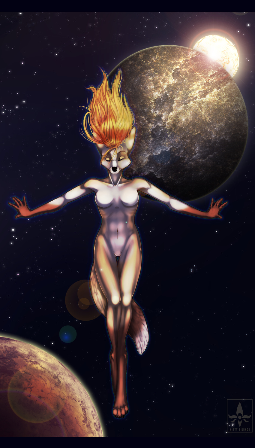 4_toes 5_fingers anthro black_bars black_nose blonde_hair breasts canine detailed_background digital_media_(artwork) digitigrade eyes_closed featureless_breasts featureless_crotch female fox hair kitty_silence mammal navel planet solo space toes