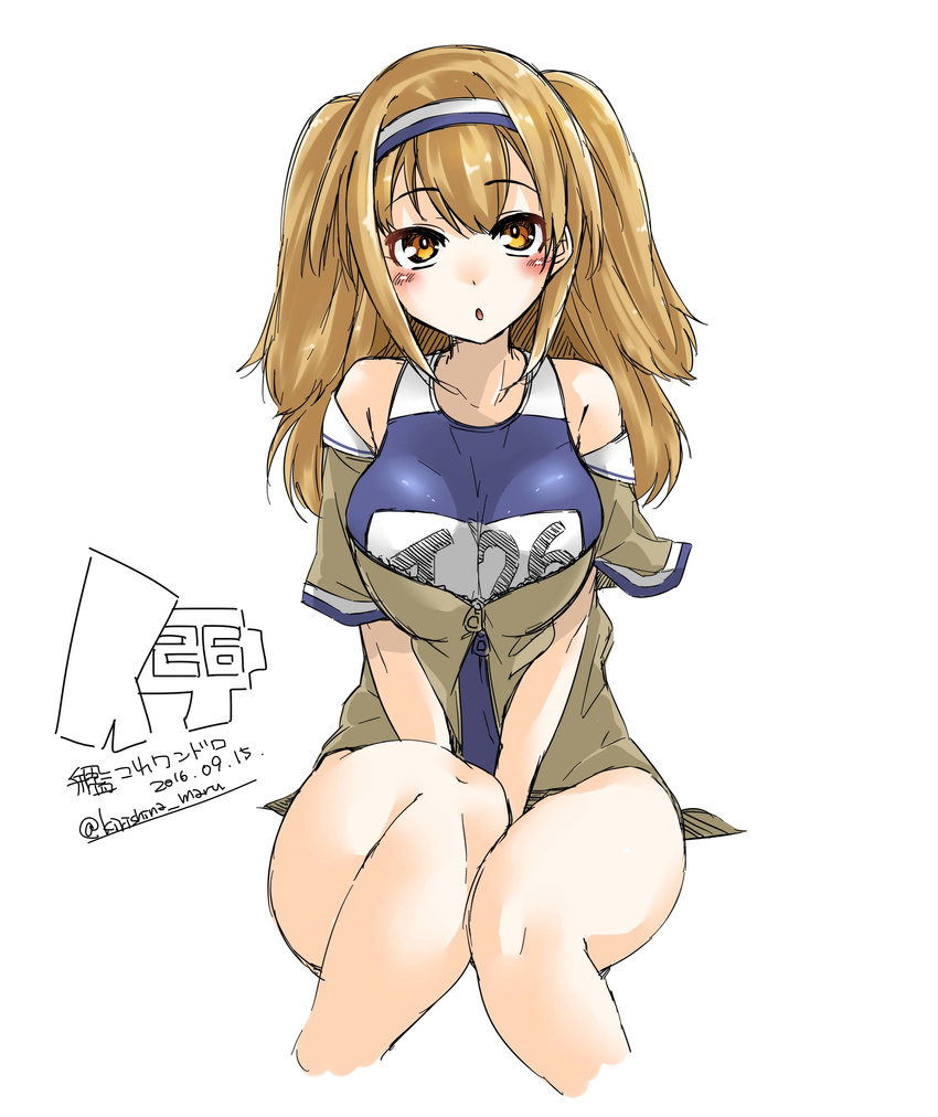absurdres blush breasts flower hairband highres i-26_(kantai_collection) kantai_collection kirishina_(raindrop-050928) large_breasts light_brown_eyes light_brown_hair long_hair looking_at_viewer name_tag new_school_swimsuit off_shoulder one-piece_swimsuit open_mouth sailor_collar school_swimsuit short_sleeves sketch solo swimsuit swimsuit_under_clothes two-tone_hairband two_side_up