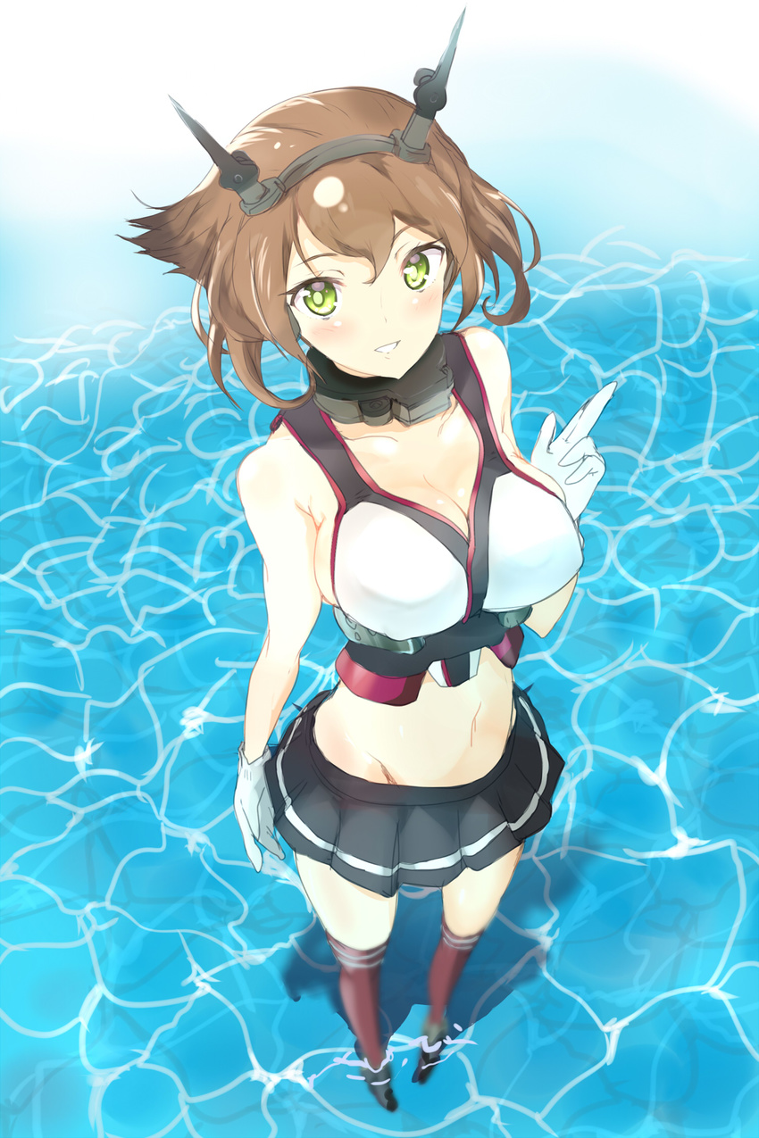 black_skirt breasts brown_hair collar collarbone commentary_request from_above gloves green_eyes grin headgear highres kantai_collection large_breasts looking_at_viewer midriff miniskirt mutsu_(kantai_collection) navel ocean oi_ke pleated_skirt red_legwear shadow shiny shiny_hair skirt smile solo standing standing_on_liquid teeth white_gloves