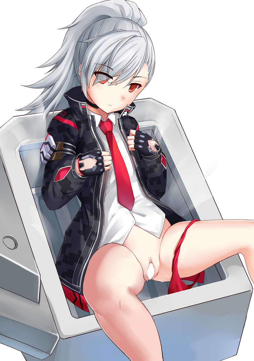 463_jun absurdres black_gloves bottomless censored closers expressionless fingerless_gloves gloves highres jacket long_hair necktie panties panties_around_one_leg ponytail pussy pussy_juice red_eyes silver_hair simple_background sitting solo spread_legs tina_(closers) underwear white_background