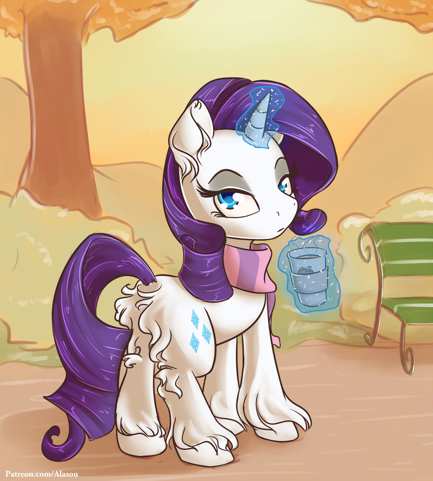 alasou blue_eyes cutie_mark day equine eyelashes female feral fluffy friendship_is_magic fur hair horn looking_at_viewer magic mammal my_little_pony nude outside purple_hair rarity_(mlp) solo standing unicorn white_fur