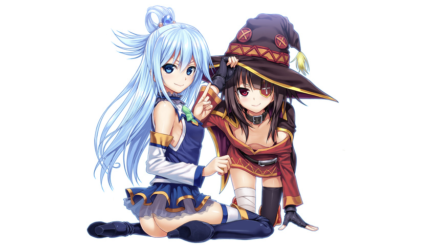 2girls 40010prototype aqua_(konosuba) aqua_eyes aqua_hair ass bandage black_hair blush boots breasts cape collar eyepatch gloves hat kono_subarashii_sekai_ni_shukufuku_wo! long_hair megumin nipples no_bra nopan photoshop red_eyes thighhighs white witch_hat