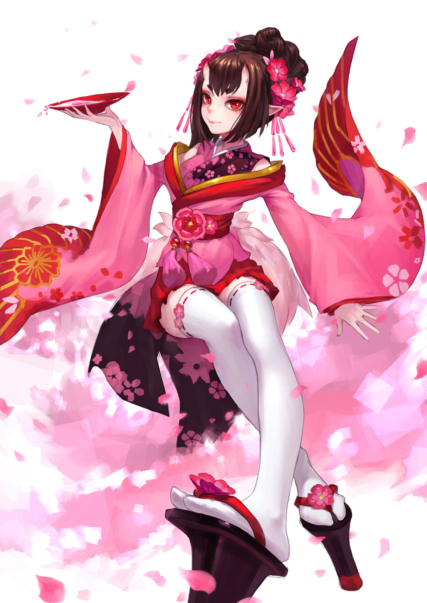 horns kimono pointy_ears sake thighhighs zengxianxin