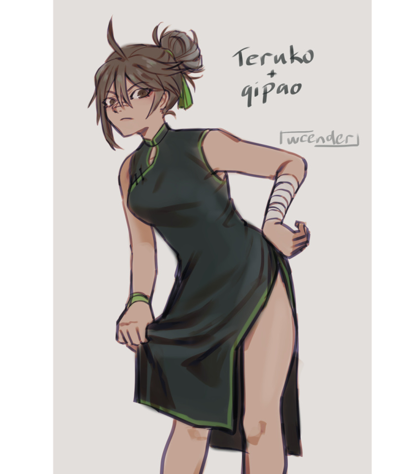 1girl ahoge arm_ribbon armpit_peek artist_name bandaged_arm bandages bandaid bandaid_on_face bandaid_on_nose black_dress breasts brown_eyes brown_hair character_name china_dress chinese_clothes cleavage_cutout clothing_cutout danganronpa:_despair_time dress gradient_hair green_ribbon grey_hair hair_between_eyes hair_ribbon hand_on_own_hip high_ponytail highres holding_own_dress leaning_forward mandarin_collar medium_breasts multicolored_hair ponytail ribbon short_ponytail side_slit simple_background single_sidelock solo striped_background teruko_tawaki thighs vertical-striped_background wcender white_background