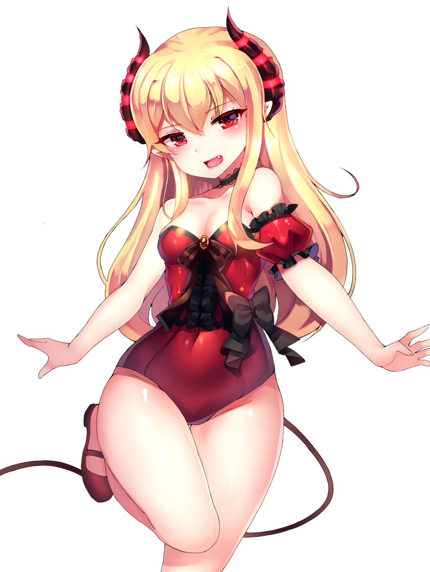 bad_id bad_pixiv_id bare_shoulders blonde_hair breasts covered_navel detached_sleeves fang highres horns legs leotard long_hair mary_janes open_mouth original outstretched_arms papo pointy_ears puffy_detached_sleeves puffy_sleeves red_eyes red_leotard shoes small_breasts smile solo standing standing_on_one_leg tail