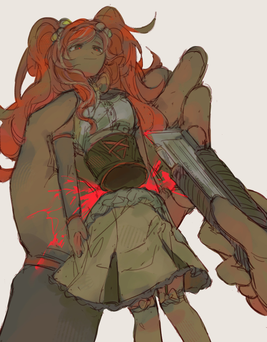 1girl absurdres blood blood_on_hands bow bowtie boxcutter broken broken_doll brown_eyes buttons character_doll corset danganronpa:_despair_time detached_sleeves doll frilled_skirt frills garter_straps highres holding holding_boxcutter holding_doll implied_self-harm long_hair long_sleeves multicolored_hair red_hair red_pupils shira_ceres shirt simple_background skirt smile streaked_hair thighhighs twintails twitter_username veronika_grebenshchikova wavy_hair white_background white_shirt white_skirt white_streaks white_thighhighs yellow_bow yellow_bowtie